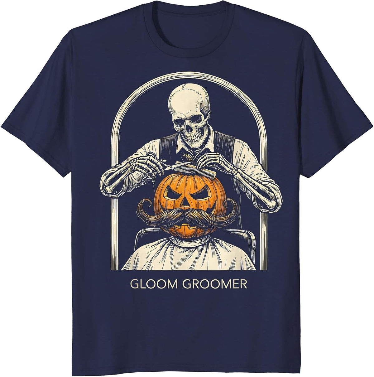 Men's Gloom Groomer Skeleton Barber Halloween Hairstylist Humor T-Shirt - Navy Blue