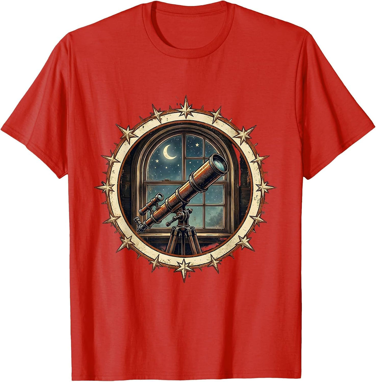 Men's College Dorm Room Telescope Stargazing Illustration T-Shirt - Red