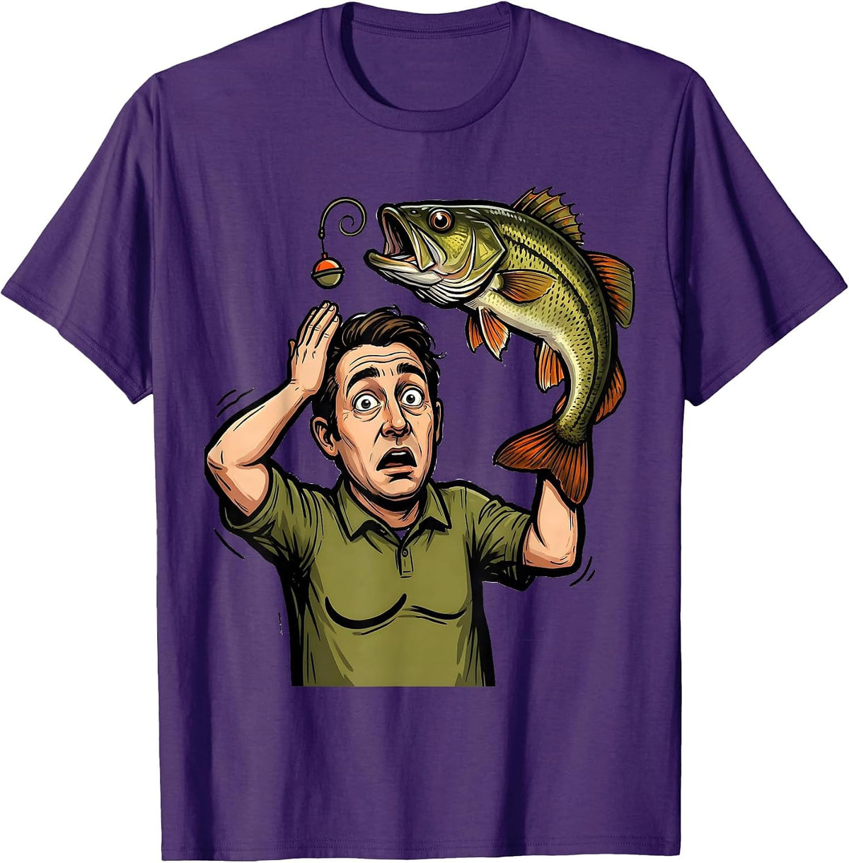 Men's Angler Shrugs Bass Question Mark Funny Fishing Humor T-Shirt - Purple
