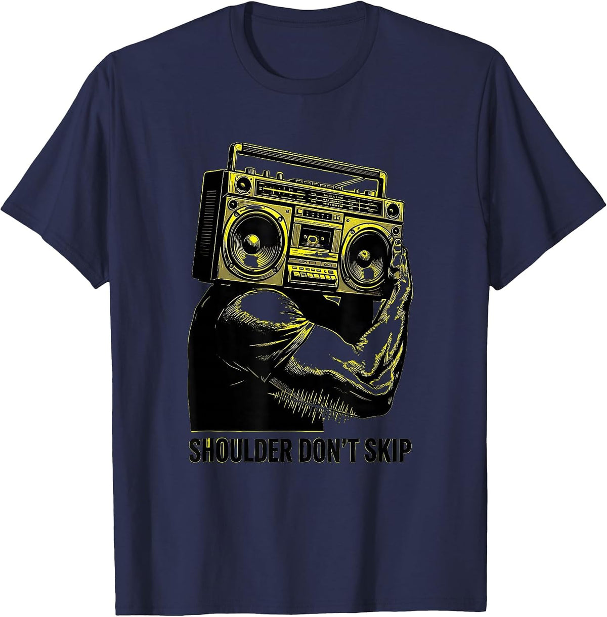 Shoulder Don't Skip Stencil Graphic Old School Hip Hop T-Shirt - Navy Blue