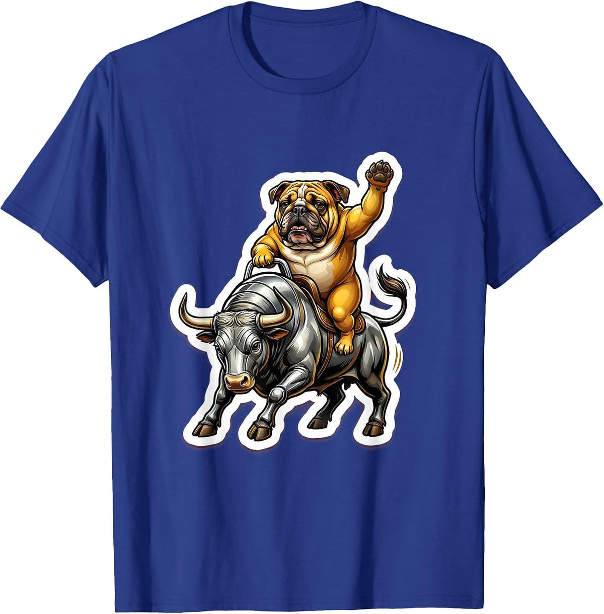 Bulldog Riding a Mechanical Bull Graphic Tee T-Shirt - Royal Blue