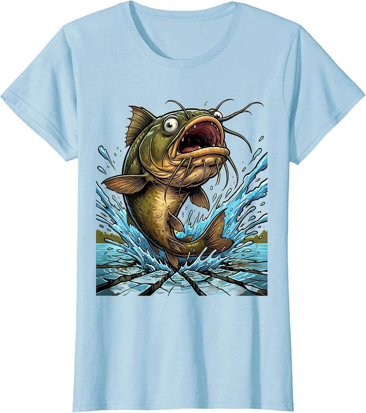 Gigantic Catfish Bursting Through Lake Surface T-Shirt - Baby Blue
