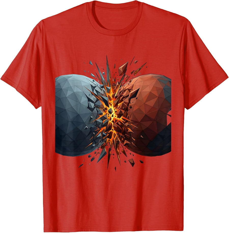 Men's Two Planets Colliding Fiery Explosion Cosmic Art T-Shirt - Red