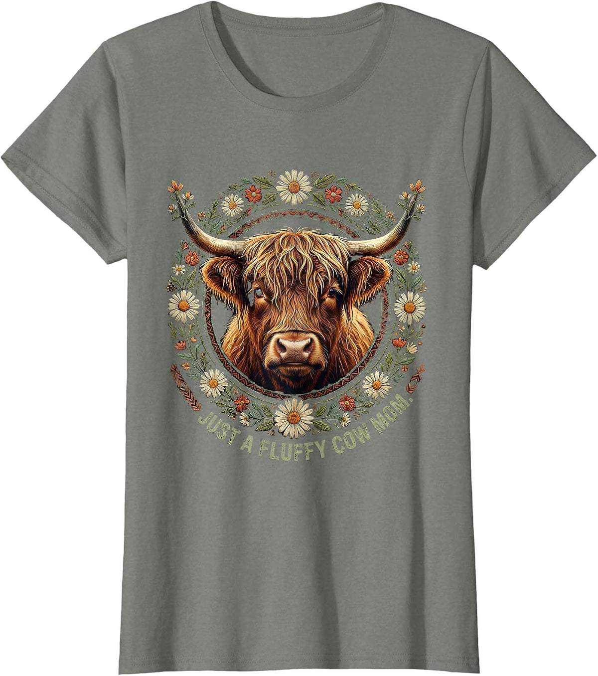 Just a Fluffy Cow Mom Highland Cow Design T-Shirt - Olive Heather
