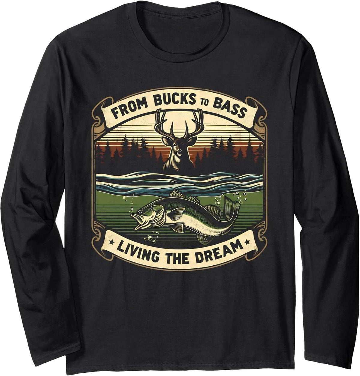 Vintage Buck Hunting Bass Fish Fishing Fisherman Deer Hunter Long Sleeve T-Shirt - Adult Unisex Black