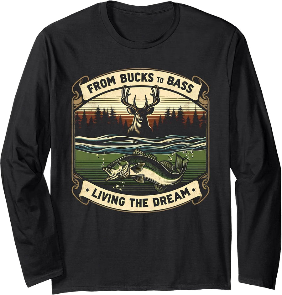 Vintage Buck Hunting Bass Fish Fishing Fisherman Deer Hunter Long Sleeve T-Shirt - Adult Unisex Black