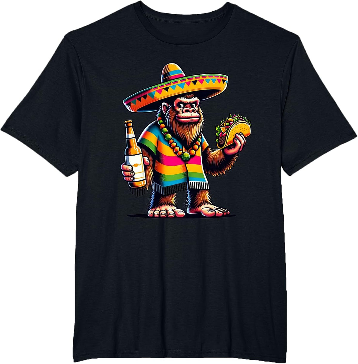 Funny Bigfoot with Taco & Beer Sasquatch Cinco de Mayo T-Shirt - Black