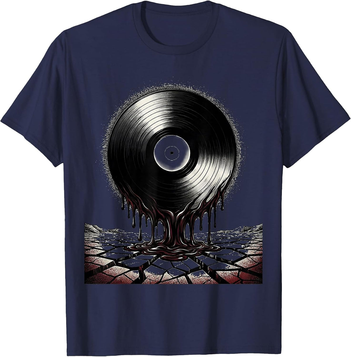 Melting Vinyl Record Cracked Earth Classic Rock Art T-Shirt - Navy Blue