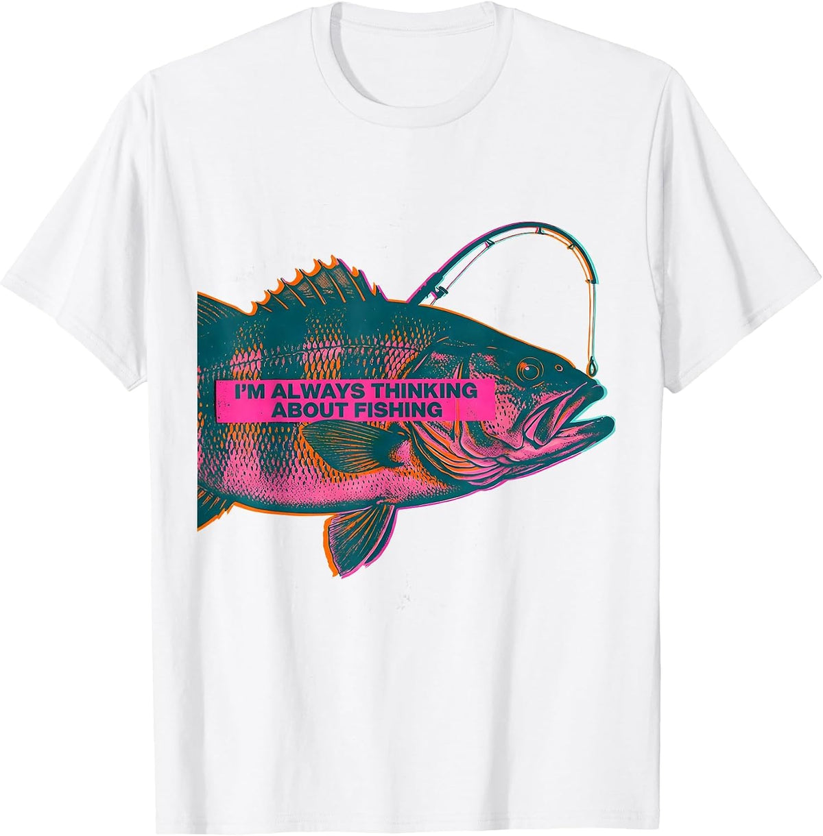 Men's I’m Always Thinking About Fishing Funny Bass Fisherman Gift T-Shirt - White