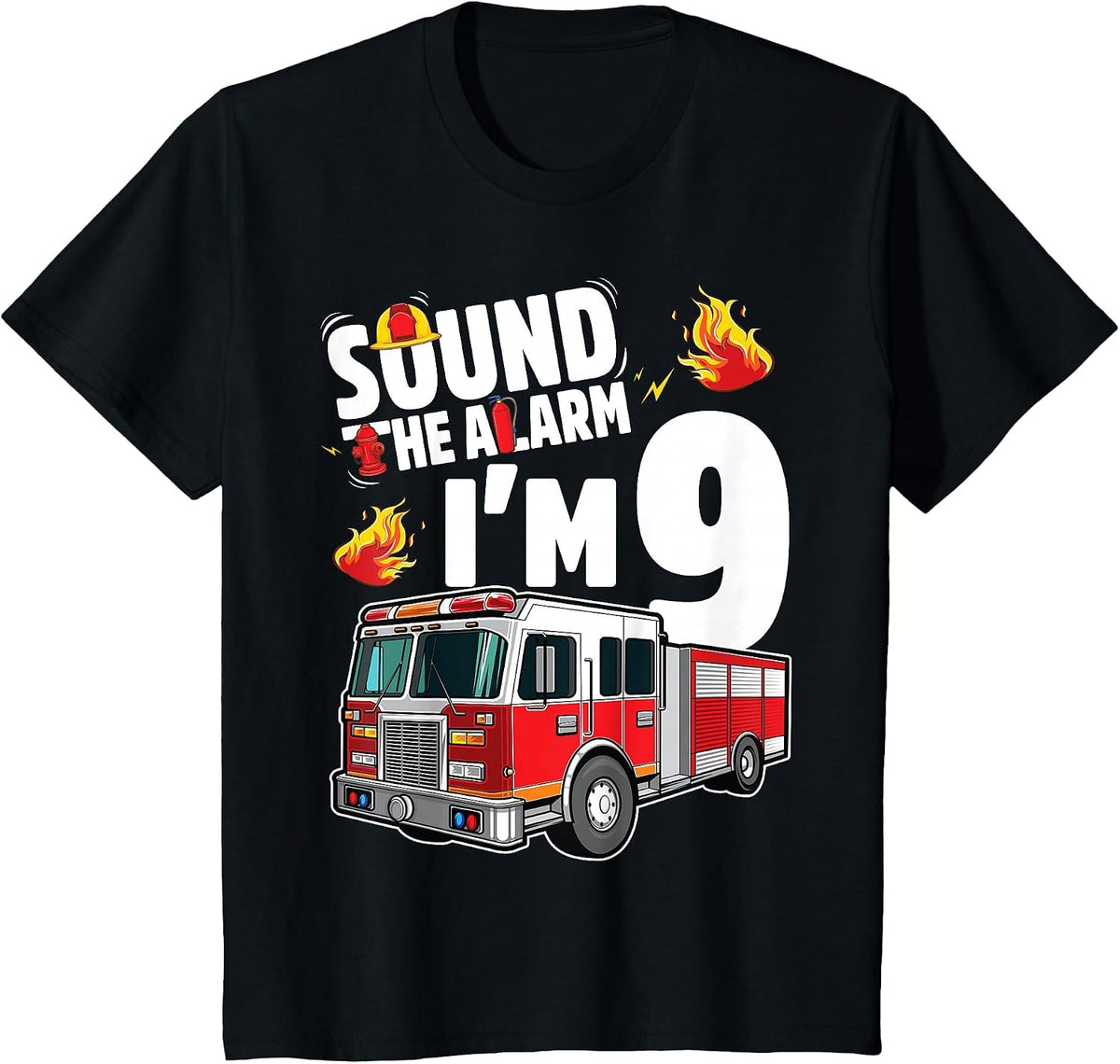 Fire Truck 9th Birthday Boy Firefighter 9 Year Old T-Shirt - Black