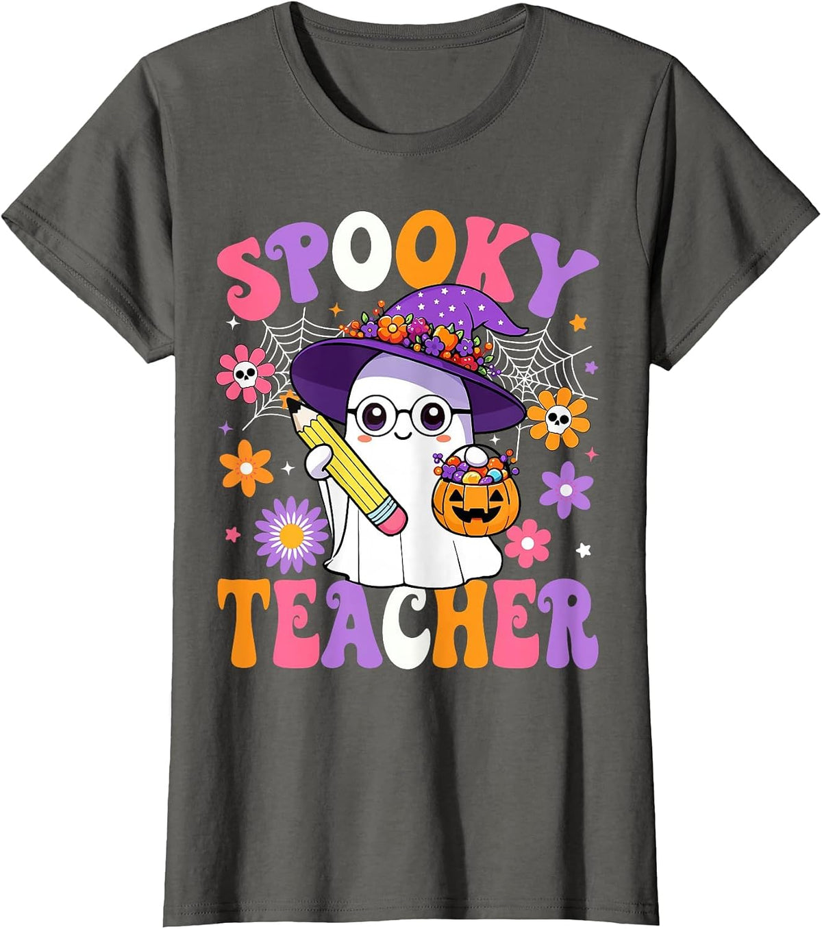 Trick Or Teach Spooky Teacher Ghost Funny Halloween Teacher T-Shirt - Asphalt Grey