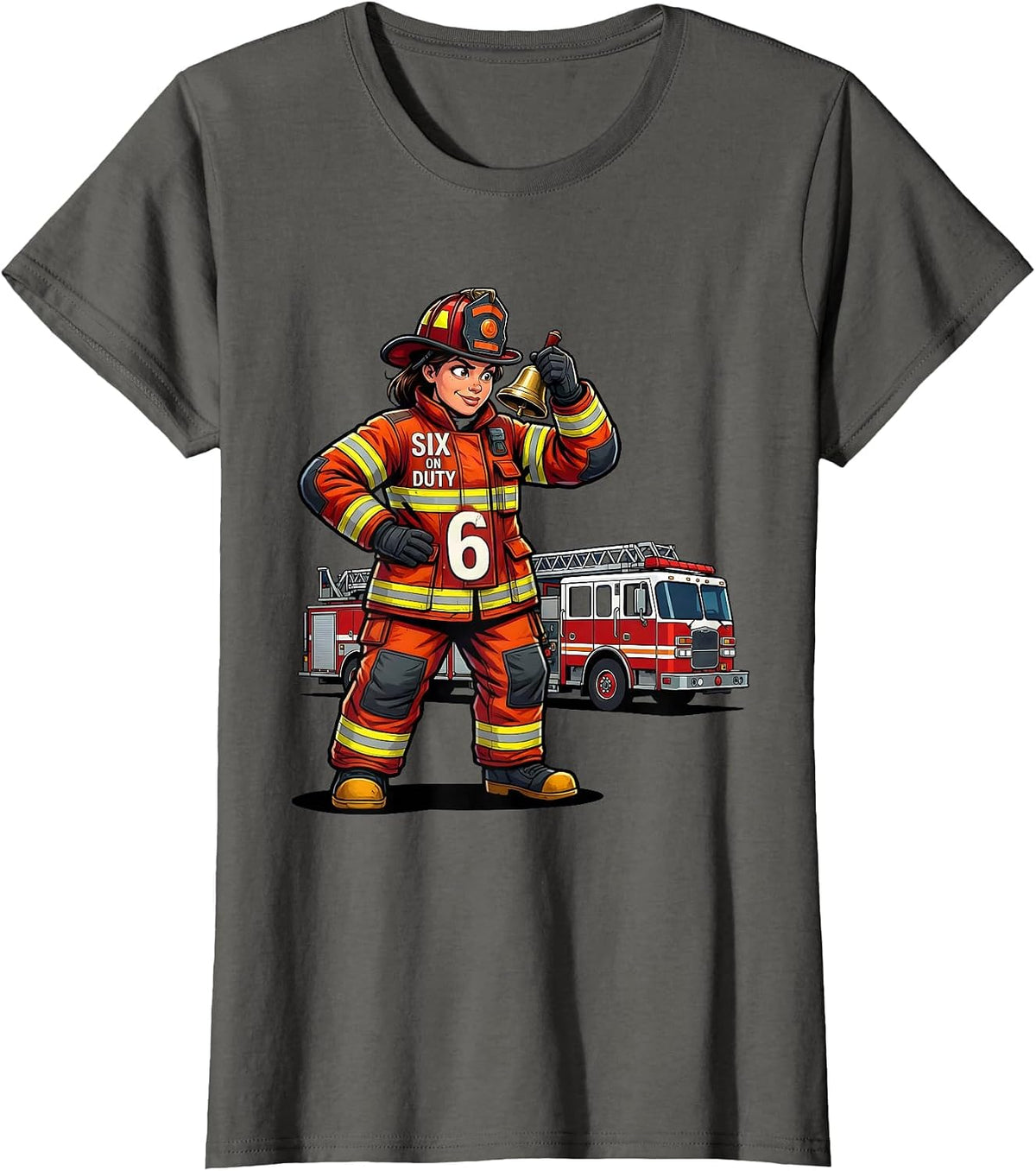 Women's Six On Duty Cartoon Firefighter Girl Fire Truck Birthday T-Shirt - Asphalt Grey