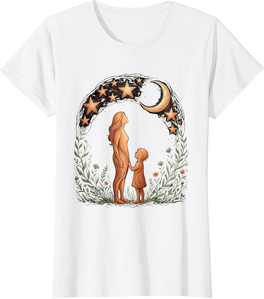 Women's Parent and Child Stargazing Night Sky Illustration T-Shirt - White
