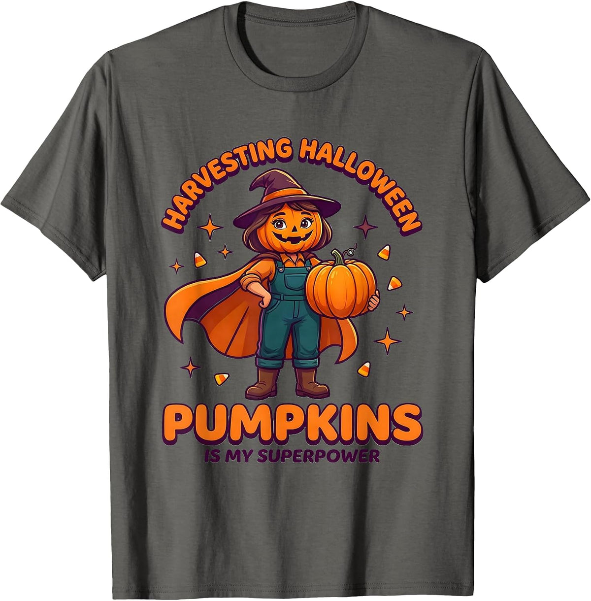 Men's HARVESTING HALLOWEEN PUMPKINS IS MY SUPERPOWER Farmer T-Shirt - Asphalt Grey