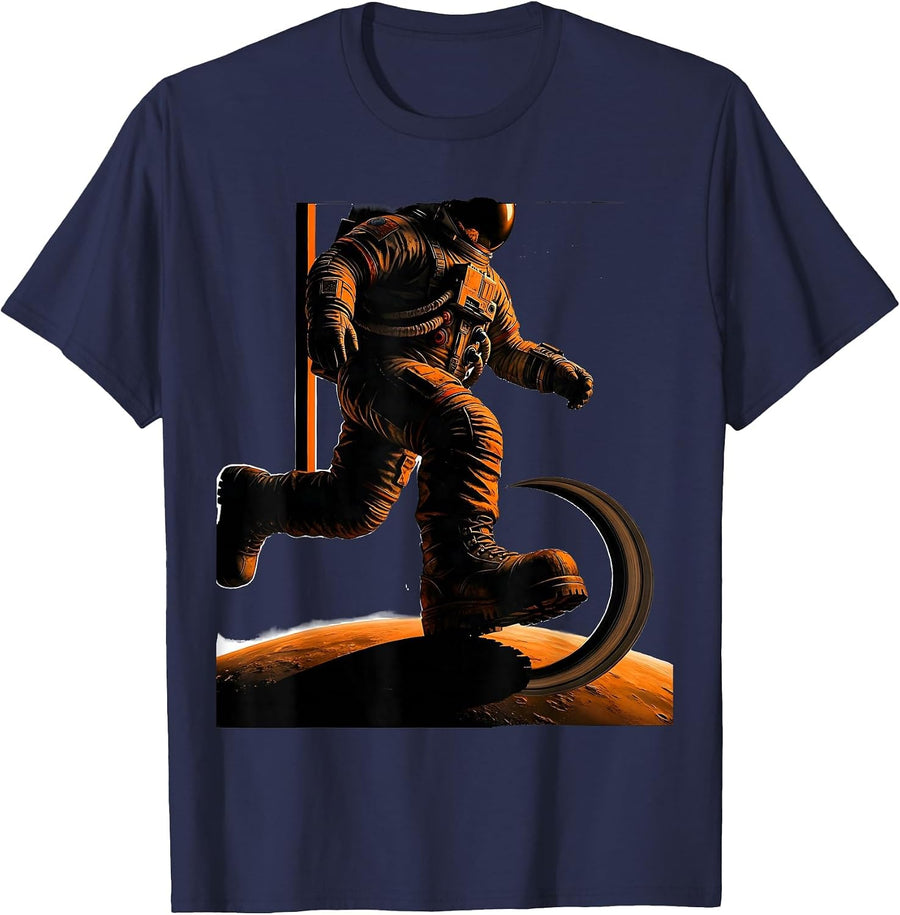 Astronaut Stepping Onto a Glowing Unexplored Planet T-Shirt - Navy Blue
