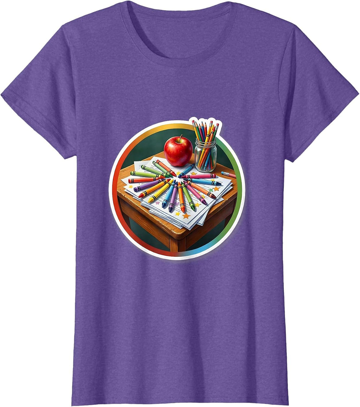 Women's Elementary Teacher Crayon Desk Graphic Tee T-Shirt - Purple Heather