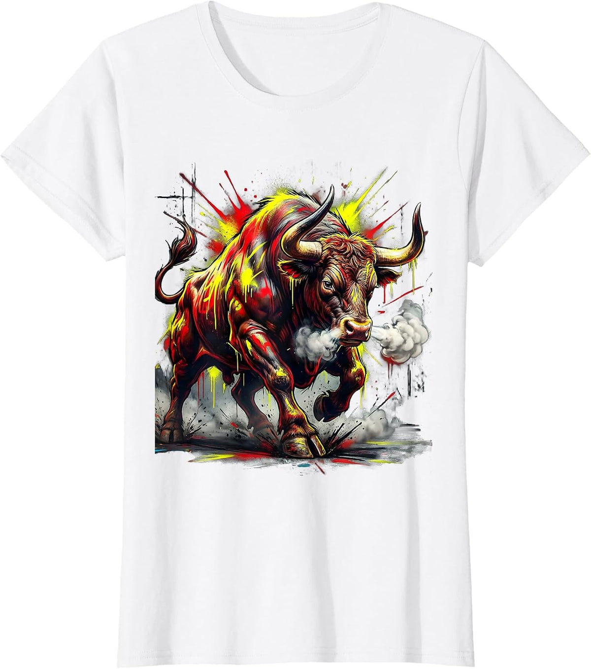 Angry Charging Bull with Steam Snorting Graphic T-Shirt - White