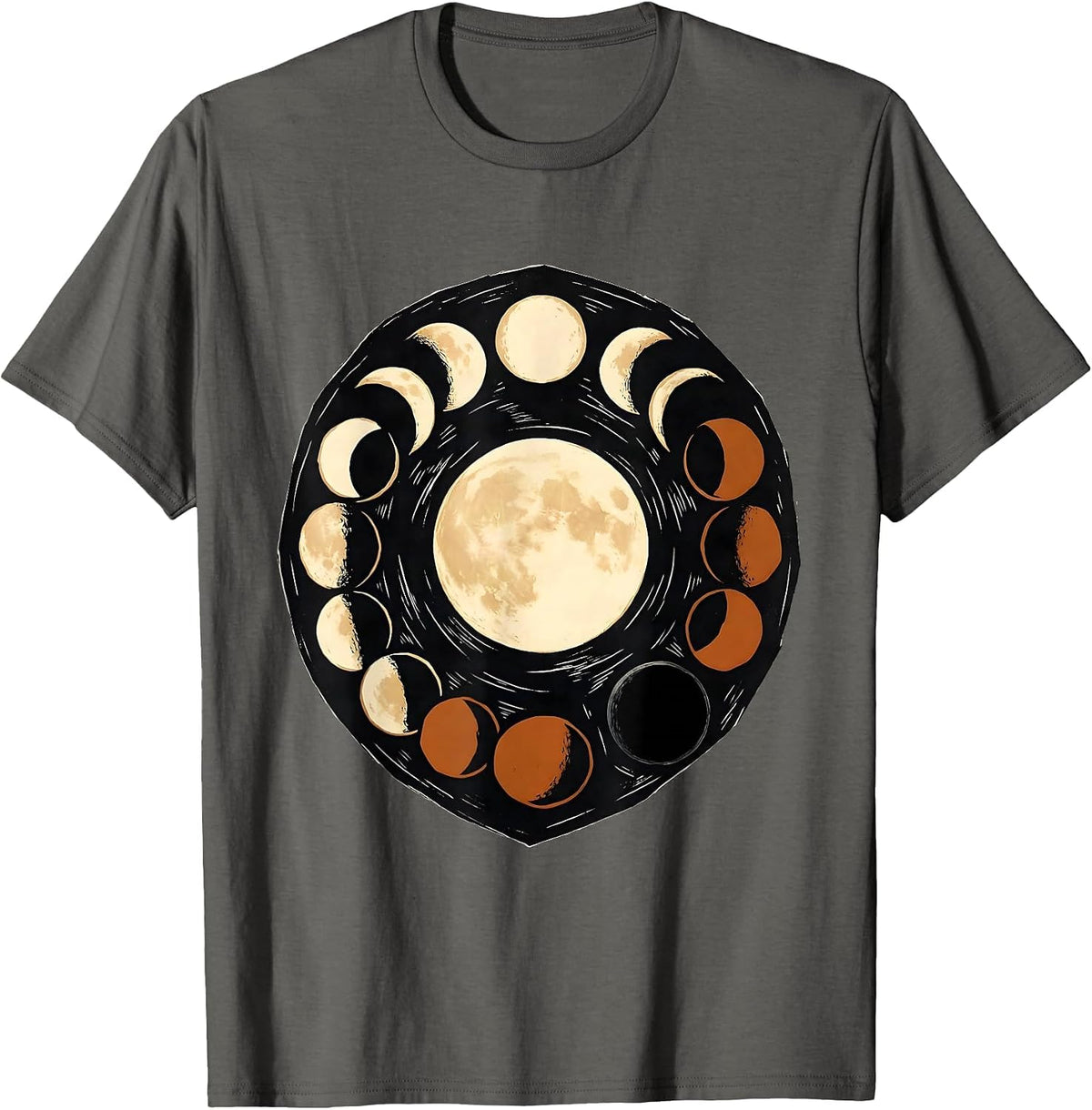 Lunar Phase Zigzag Linocut Astronomy Enthusiast T-Shirt - Asphalt Grey