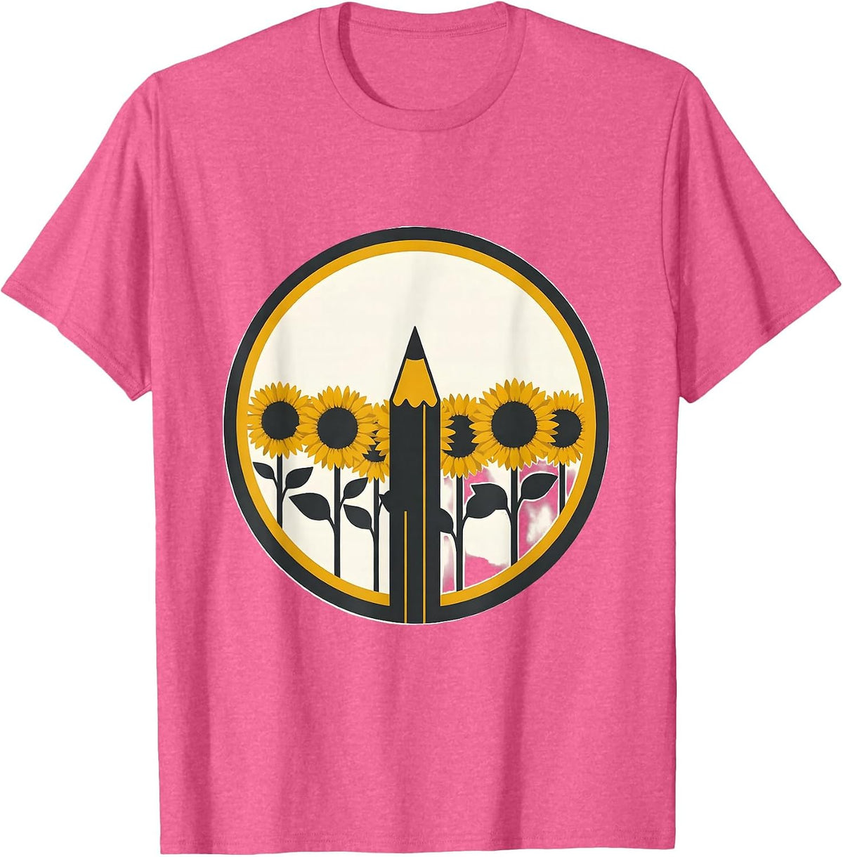 Spanish Teacher Sunflower Field Pencil Illustration T-Shirt - Pink Heather