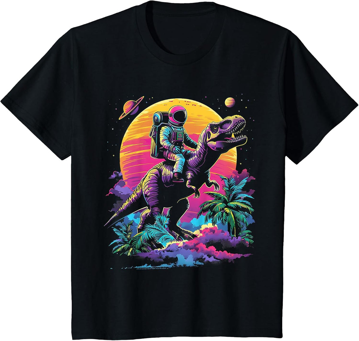 Astronaut Riding T-Rex Dinosaur Space Boys Funny Spaceman T-Shirt - Black