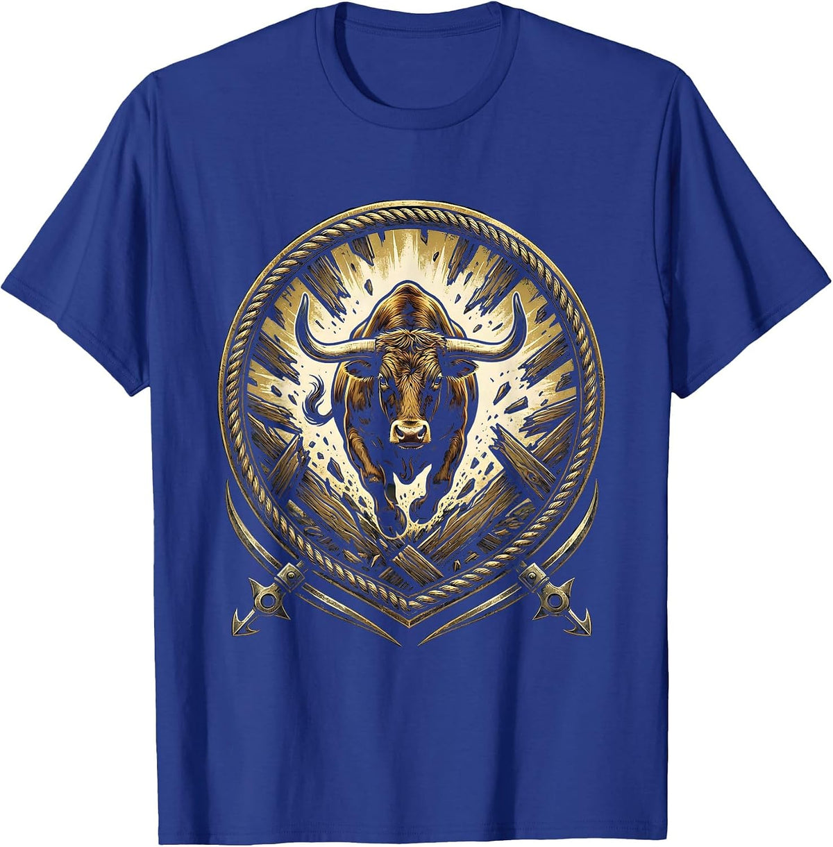 Men's Bull Breaking Through Rodeo Gate Live Free T-Shirt - Royal Blue