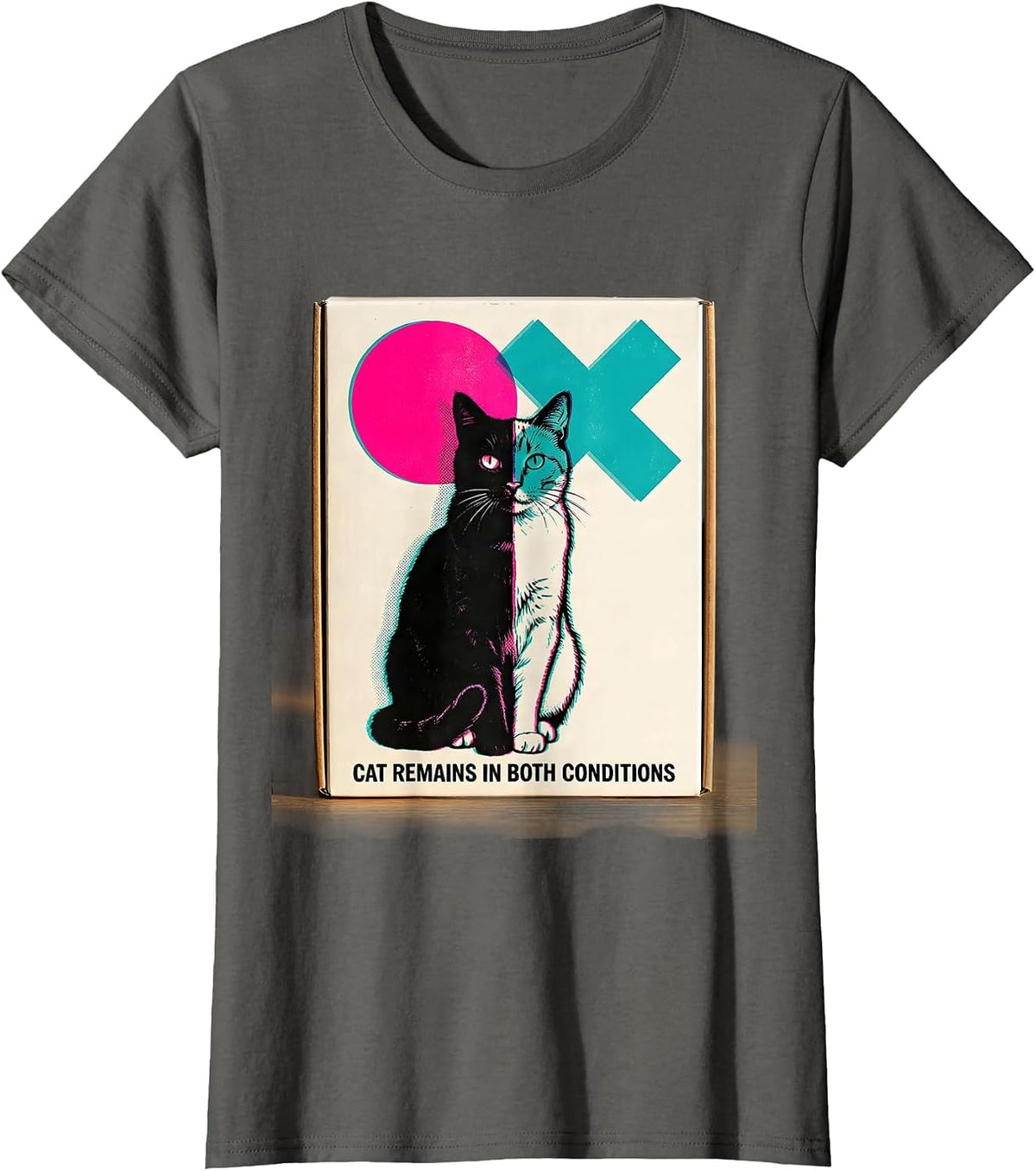 Women's Cat Remains In Both Conditions Quantum Physics Humor T-Shirt - Asphalt Grey