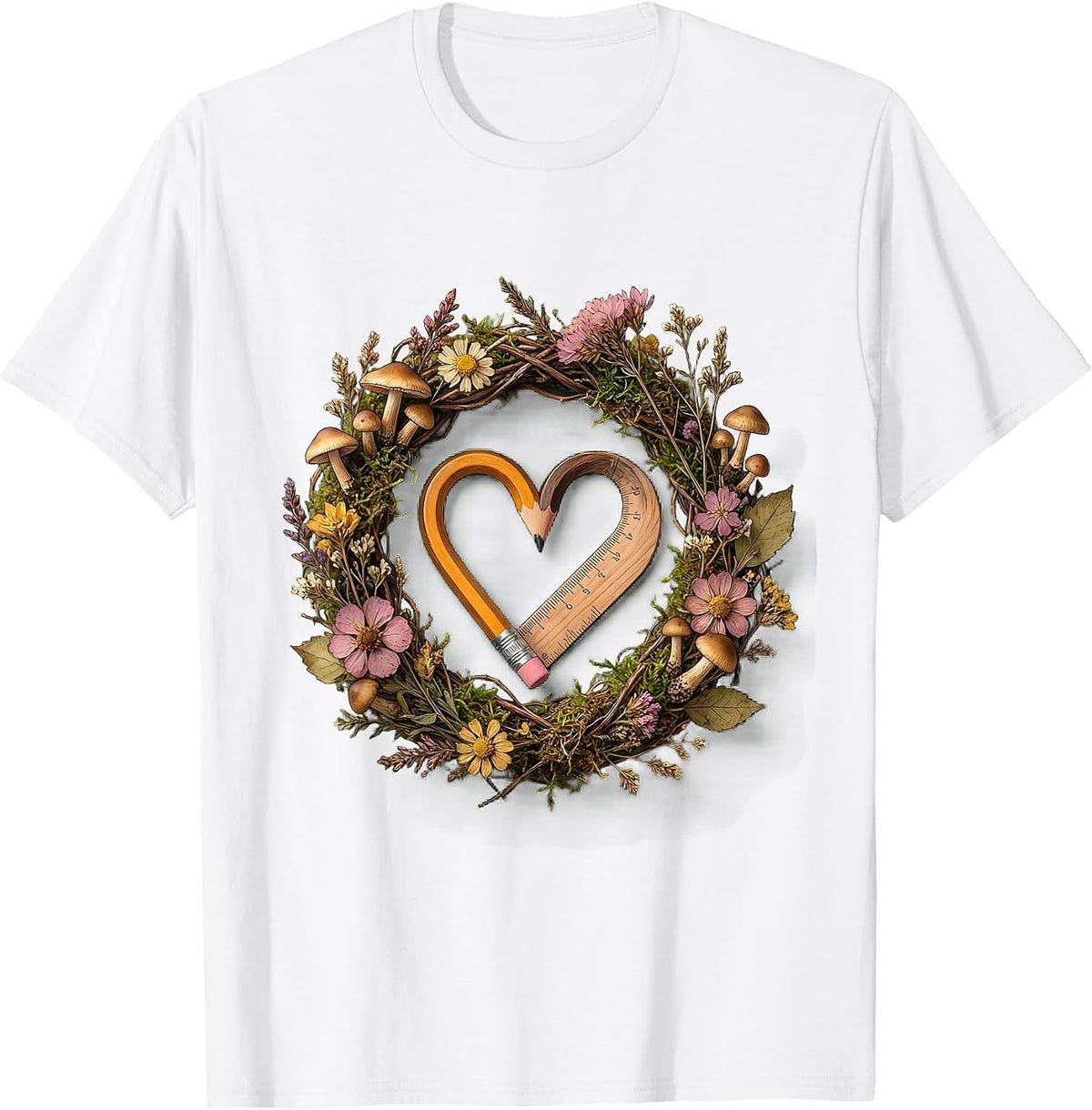 Elementary Teacher Ruler Pencil Heart Graphic T-Shirt - White
