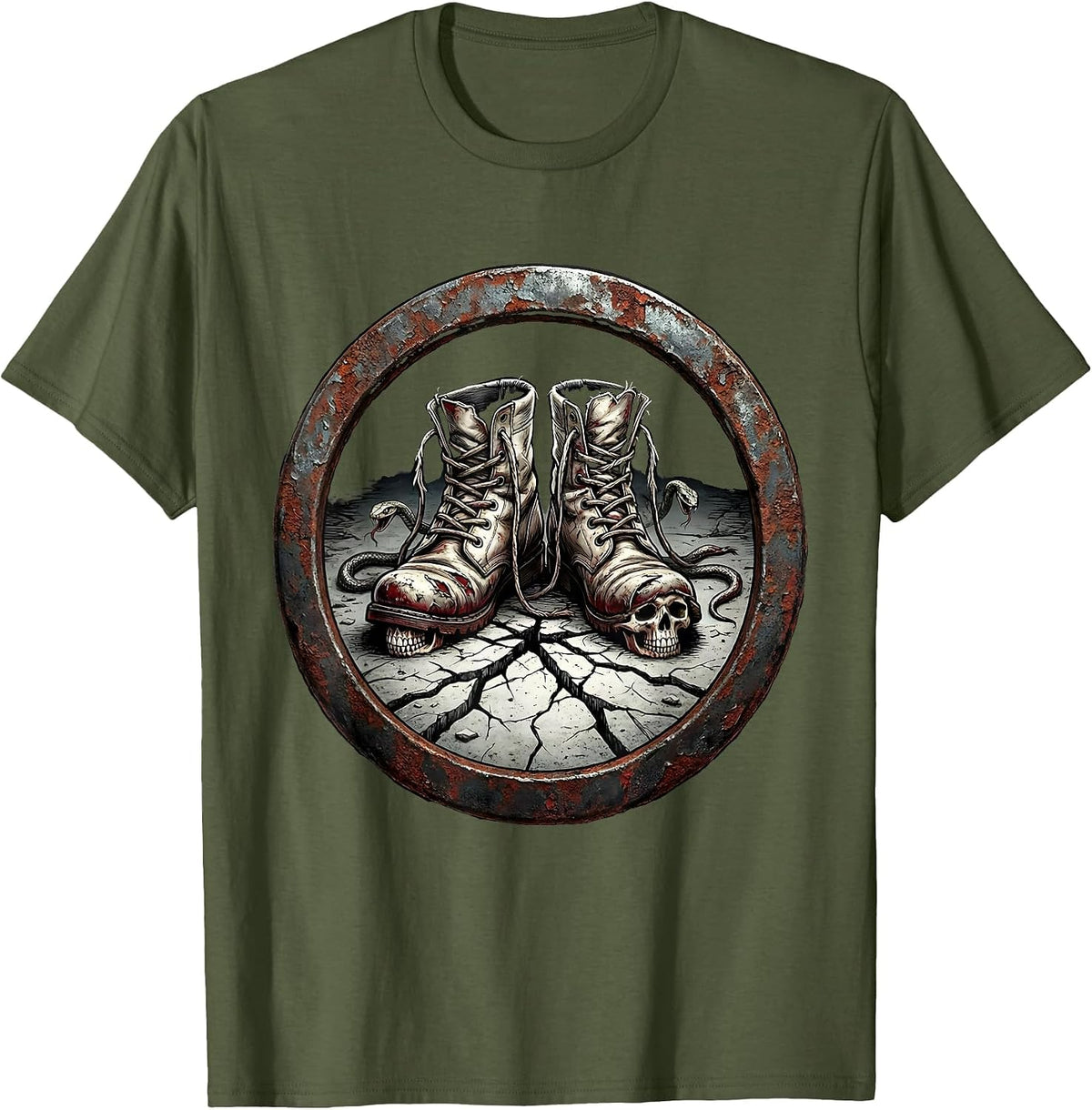 Worn Boots Grunge Pavement Illustration T-Shirt - Olive Green