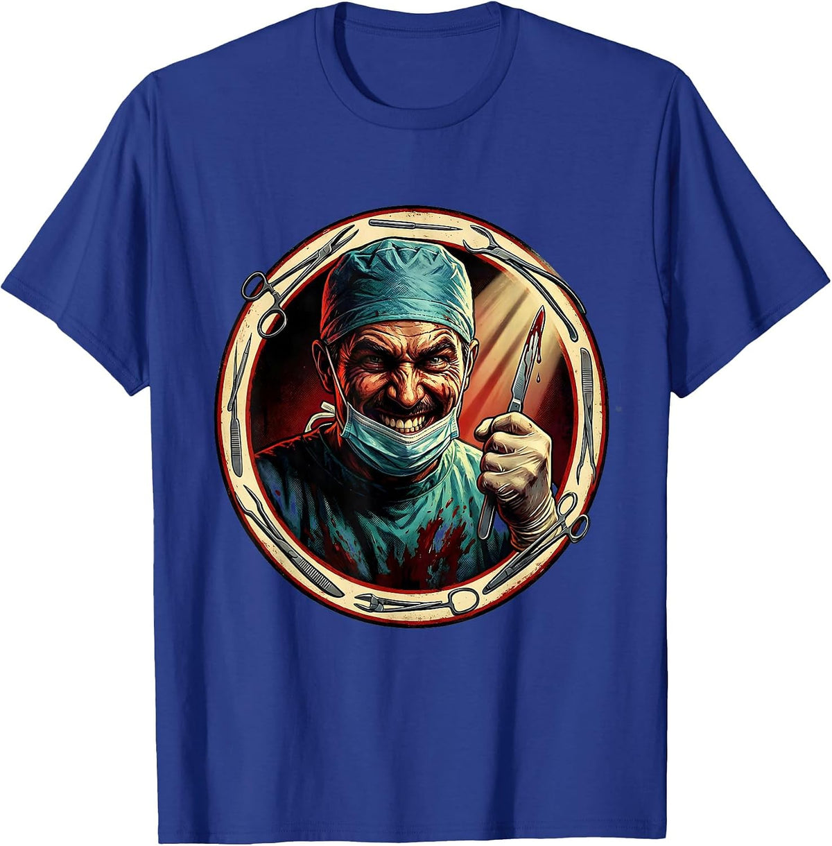 Men's Grinning Surgeon Bloody Scalpel Graphic Design T-Shirt - Royal Blue