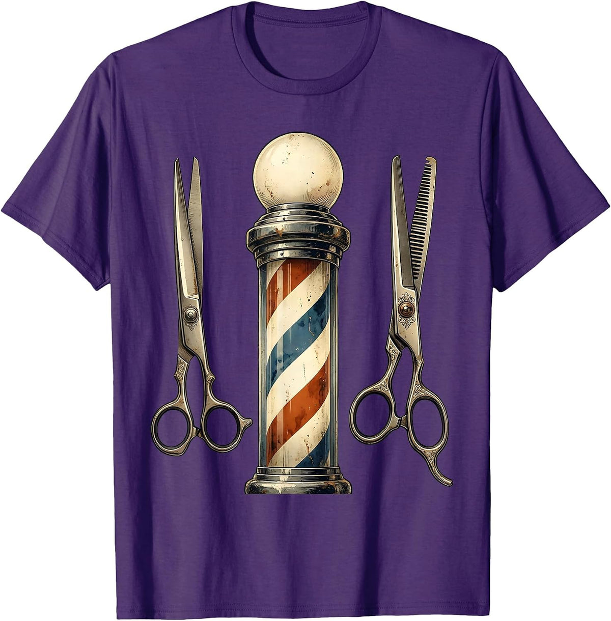 Men's Vintage Barber Pole and Scissors Illustration T-Shirt - Purple