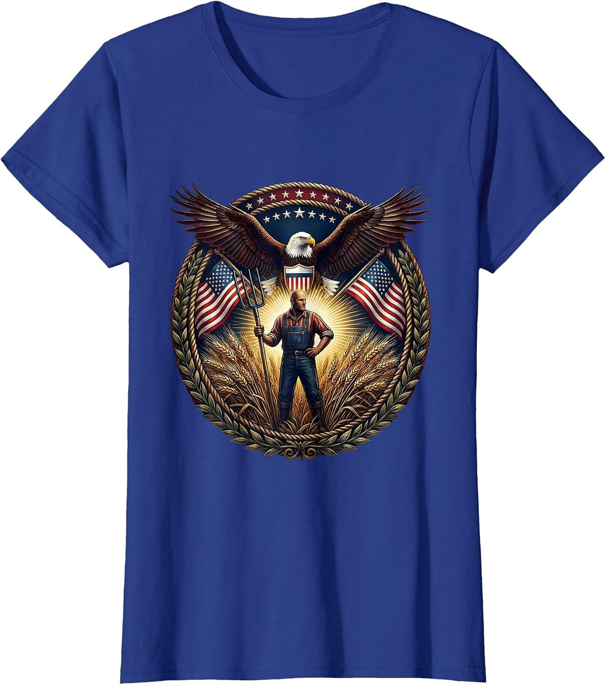 Women's Farmer Pitchfork Wheat Field Harvest Illustration T-Shirt - Royal Blue