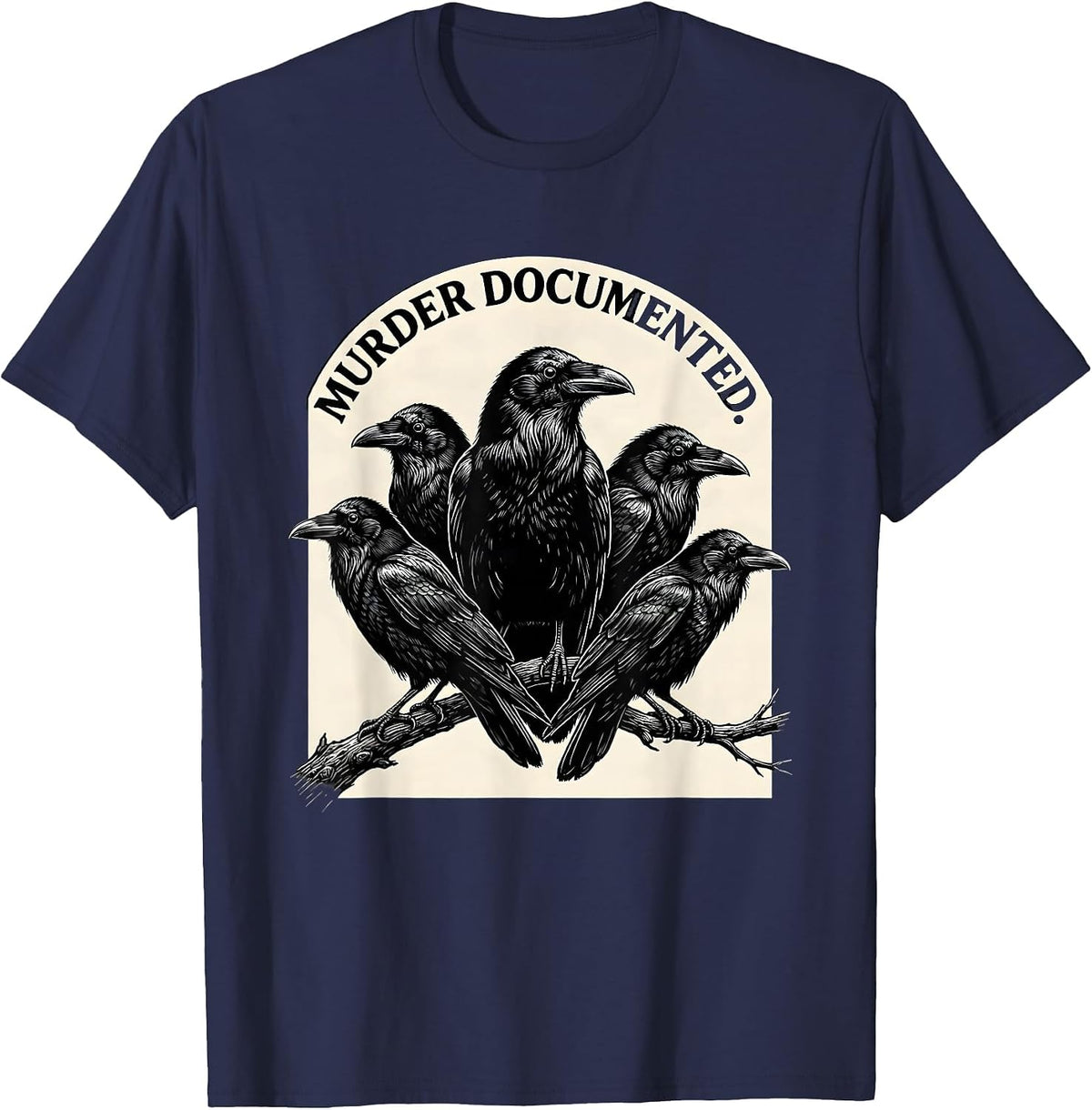 Men's Murder Documented Scratchboard Crow Raven Dark Humor Gothic T-Shirt - Navy Blue
