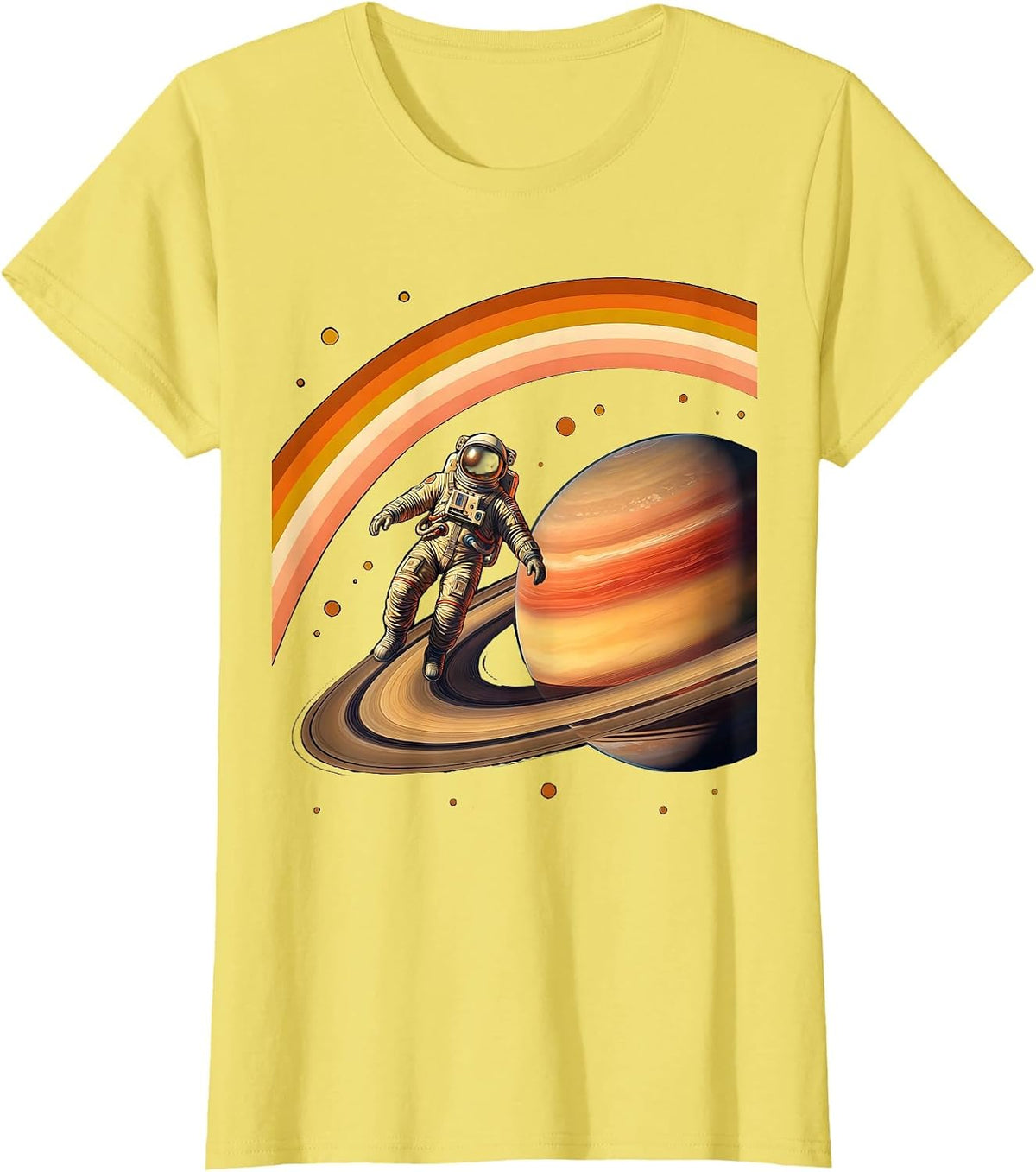 Women's Retro Astronaut Floating Near Ringed Planet T-Shirt - Lemon Yellow
