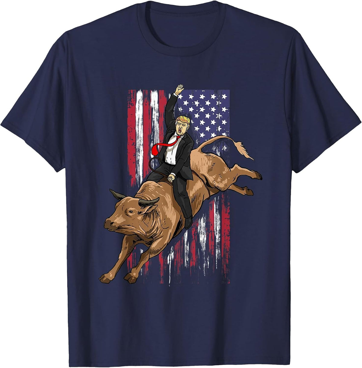 Trump Rodeo Bull Rider Patriotic American Flag Trump Cowboys T-Shirt - Navy Blue