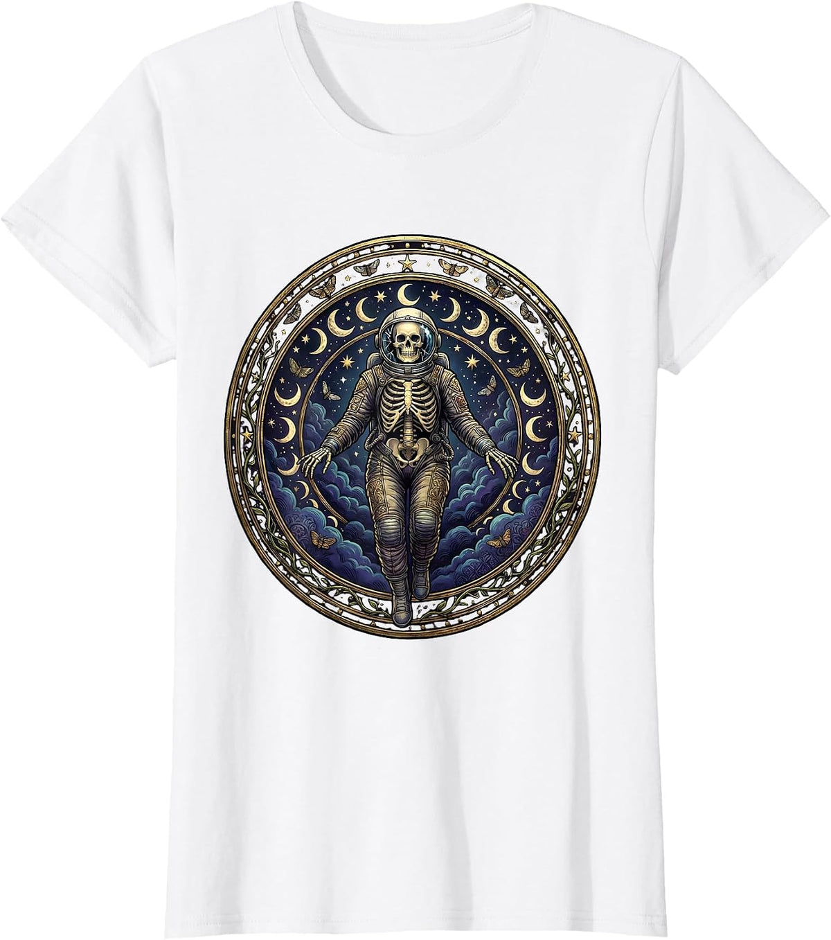 Women's Skeleton Astronaut Floating in Space Illustration T-Shirt - White