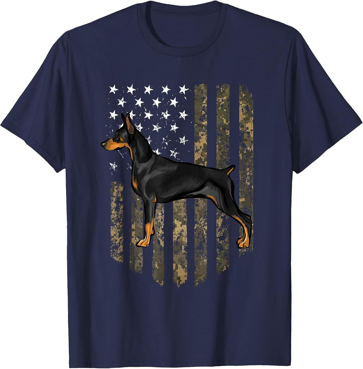 Camo American Flag Doberman Pinscher 4th of July USA T-Shirt - Navy Blue
