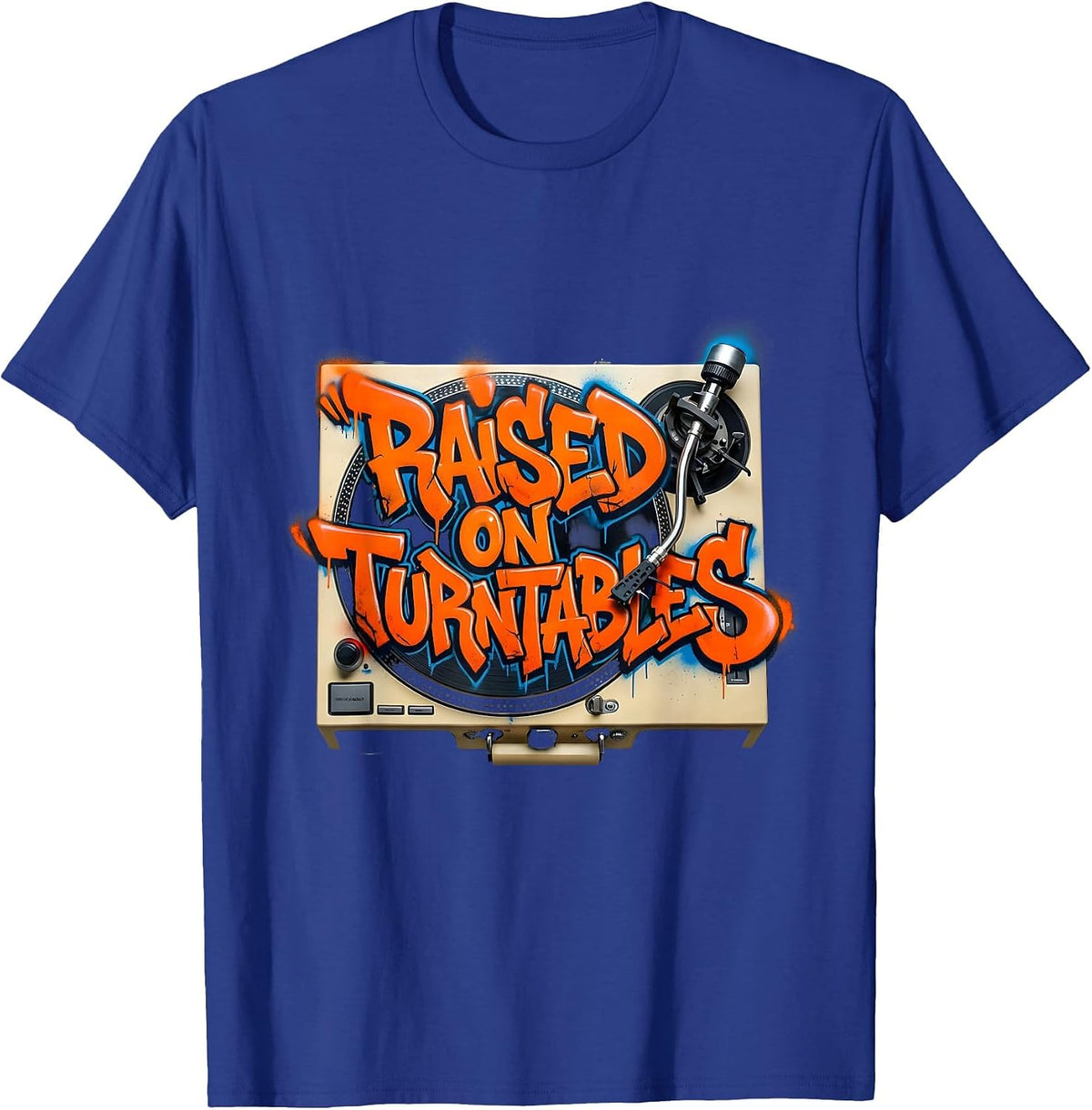 Raised On Turntables Graffiti 90s Hip-Hop Rap Lyric T-Shirt - Royal Blue
