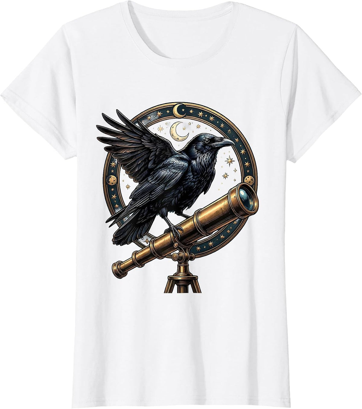 Women's Crow Perched on Telescope Astronomy Illustration T-Shirt - White