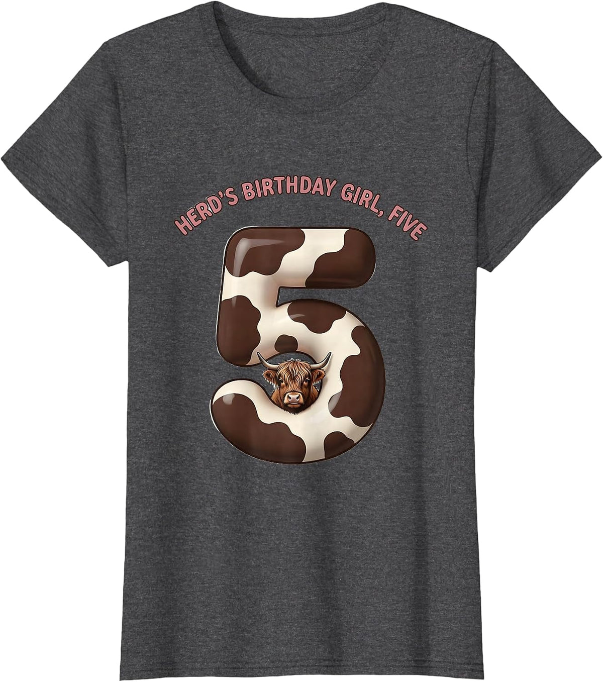 Women's Herd's Birthday Girl Five Cute Highland Cow Farm Mom T-Shirt - Dark Heather Grey