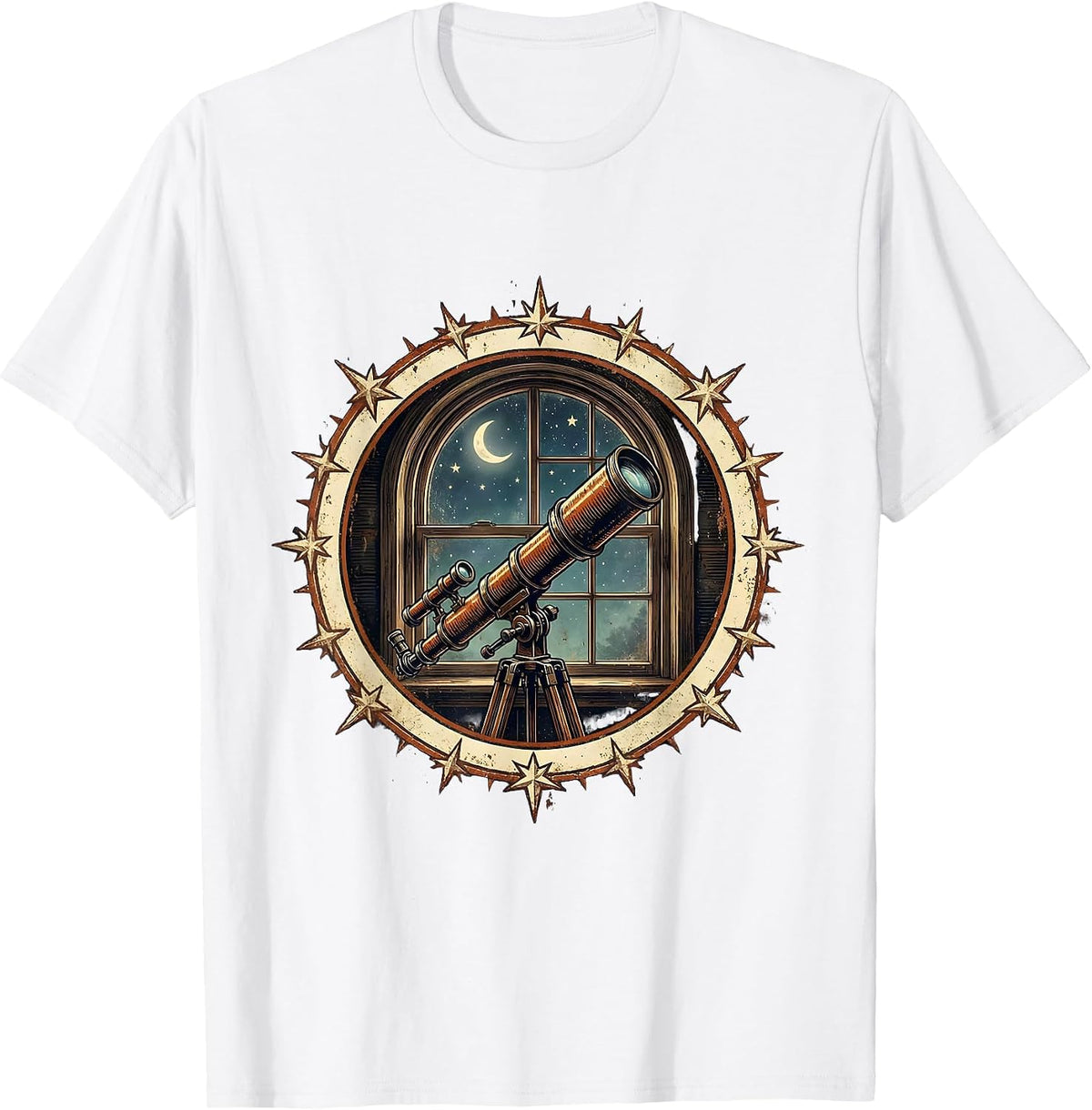 Men's College Dorm Room Telescope Stargazing Illustration T-Shirt - White