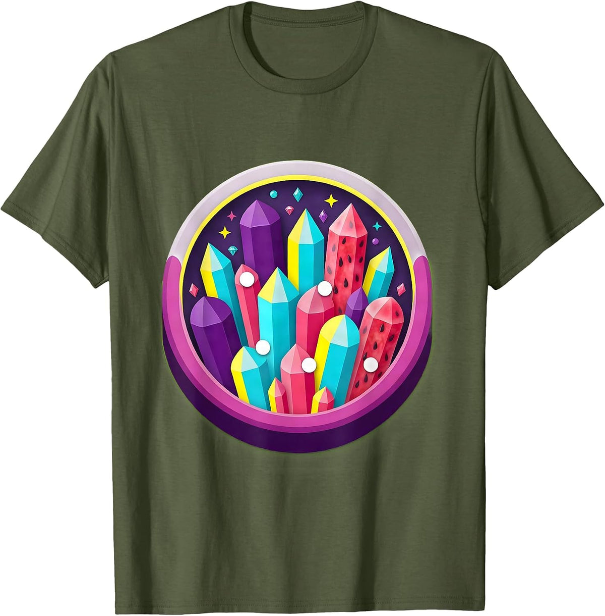 Sugar Crystal Cave Rock Candy Formation Graphic T-Shirt - Olive Green