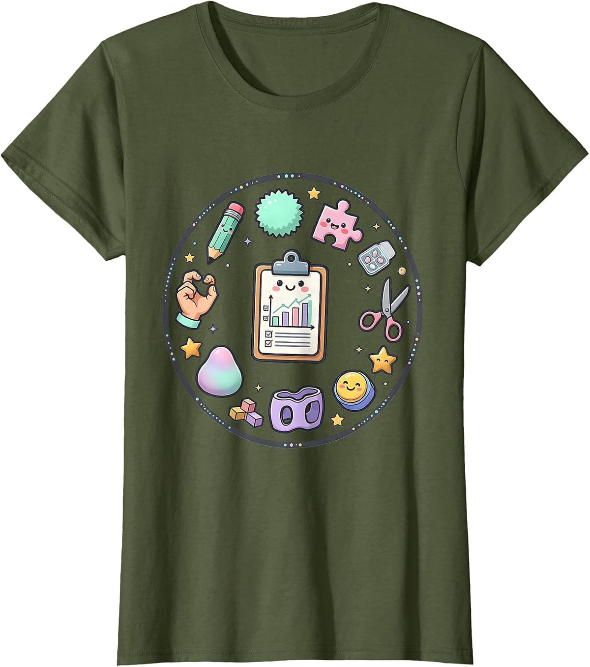 Women's Occupational Therapist Clipboard Checkmark Chart T-Shirt - Olive Green