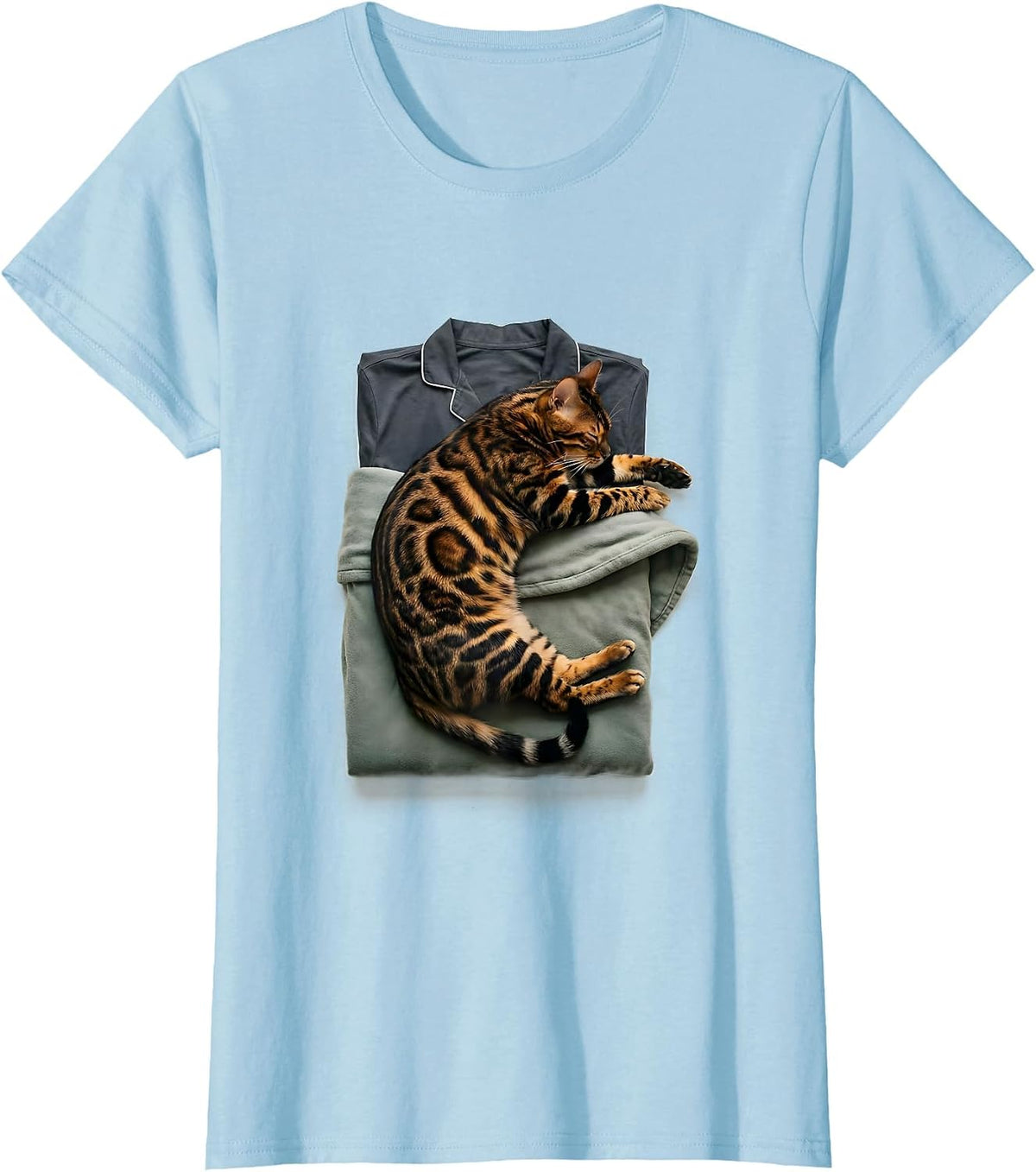 Women's Sleeping Bengal Cat Minimalist Pet Owner Pajama Humor T-Shirt - Baby Blue