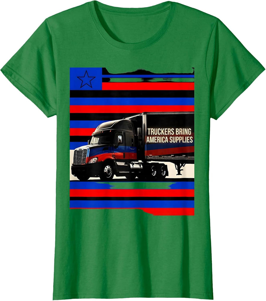 Women's Truckers Bring America Supplies Patriotic Semi-Truck Driver T-Shirt - Kelly Green