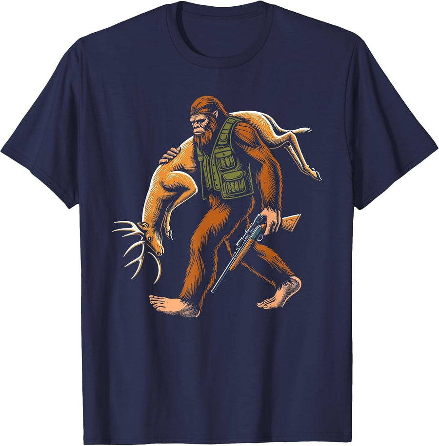 Deer Hunting Bigfoot Sasquatch Hunter Men Women Hunting T-Shirt - Navy Blue