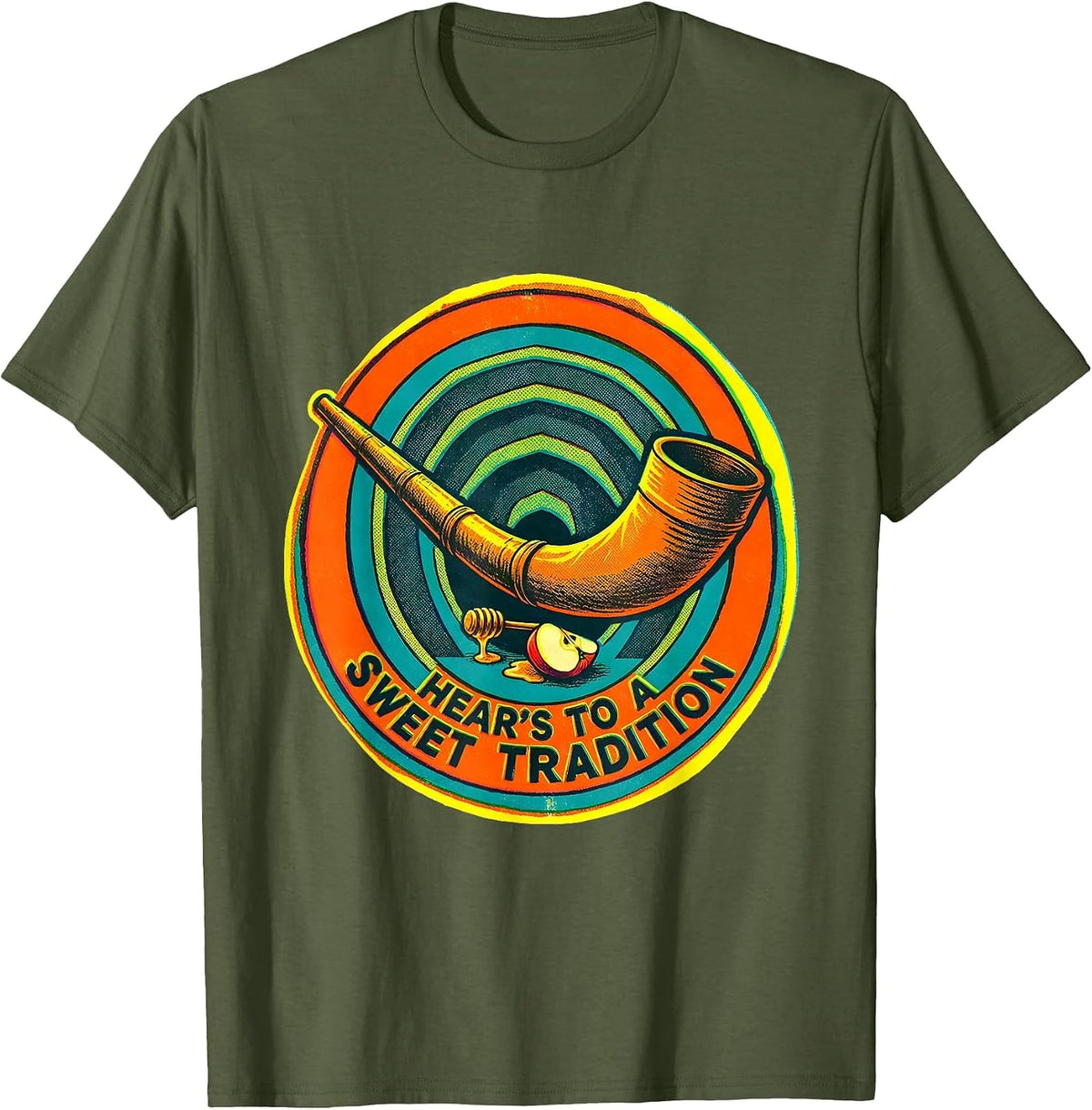Men's Hear's To A Sweet Tradition Risograph Rosh Hashanah Jewish T-Shirt - Olive Green