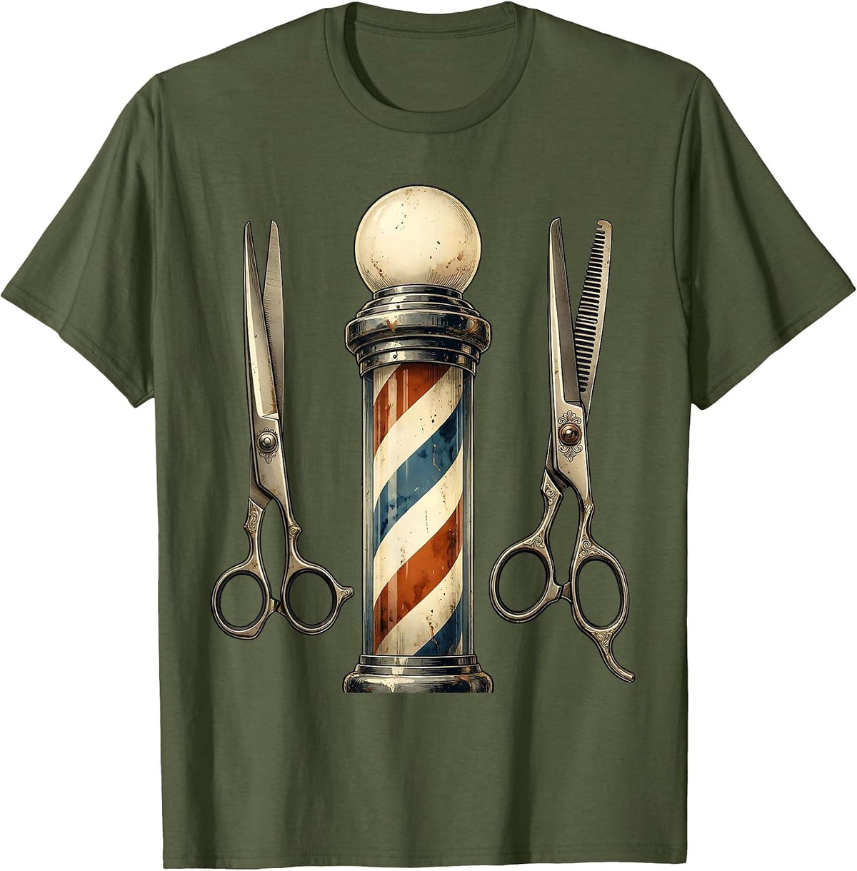 Men's Vintage Barber Pole and Scissors Illustration T-Shirt - Olive Green