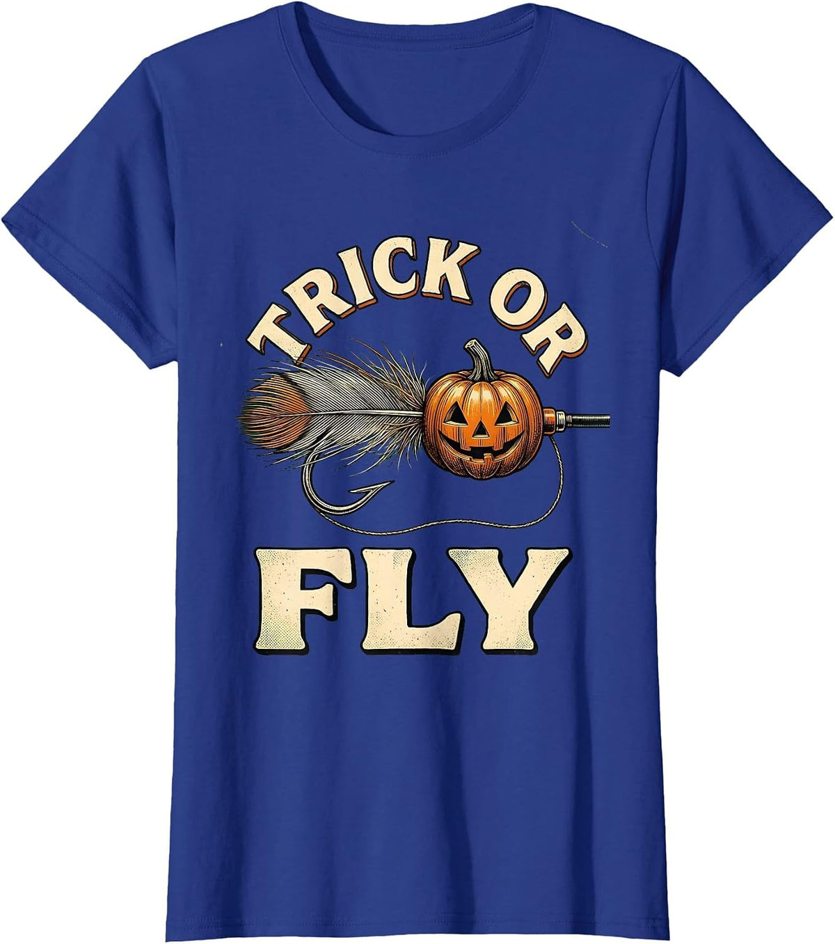 Women's Trick Or Fly Vintage Spooky Halloween Fishing Angler T-Shirt - Royal Blue