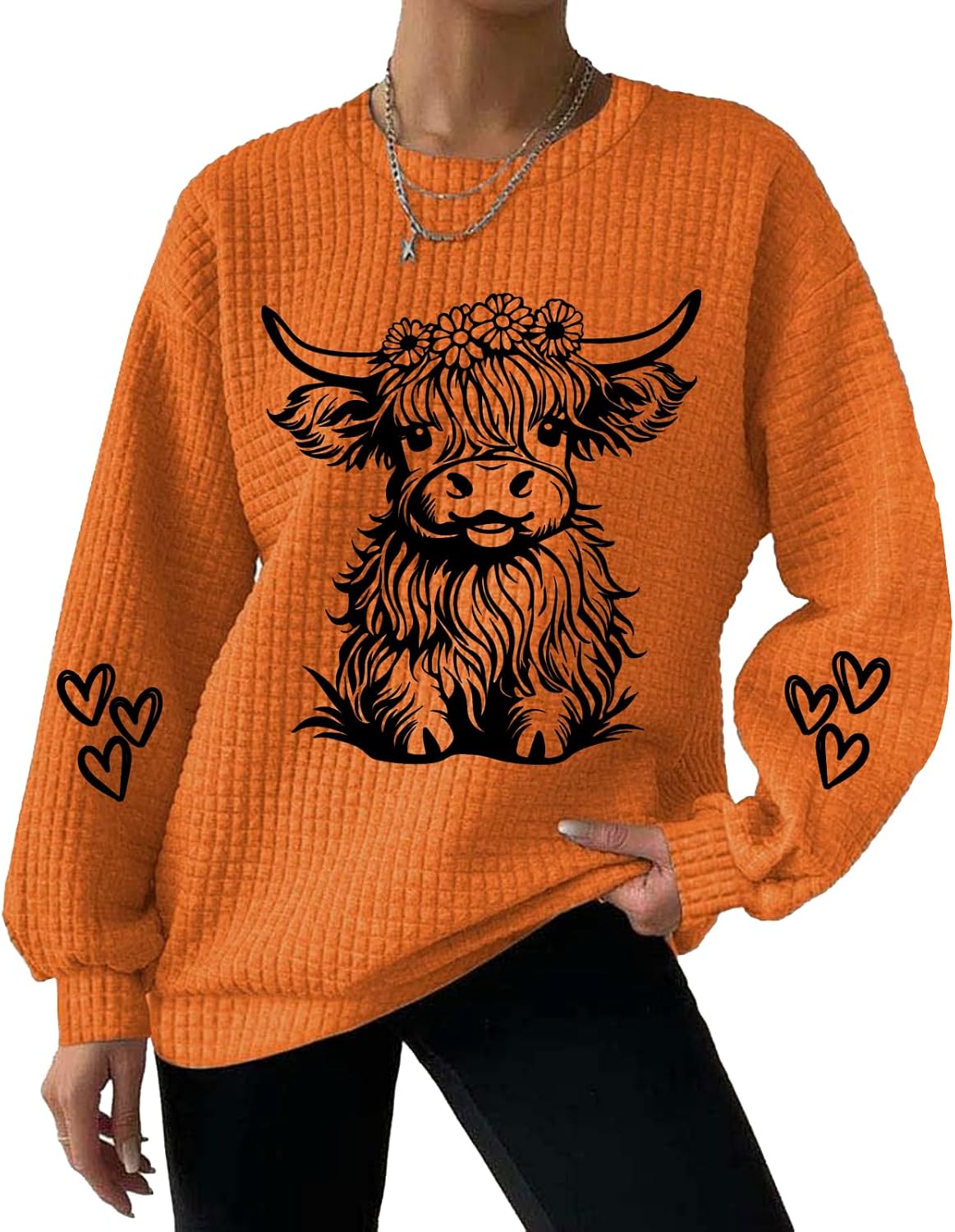 Highland Cow Sweatshirt for Women Crewneck Cute Cow Shirts for Women Country Western Sweatshirts Gifts - Orange-b