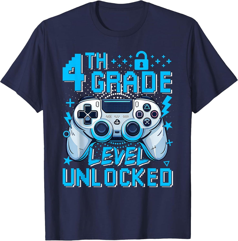 4th Grade Level Unlocked Video Game First Day Boy Kid T-Shirt - Navy Blue